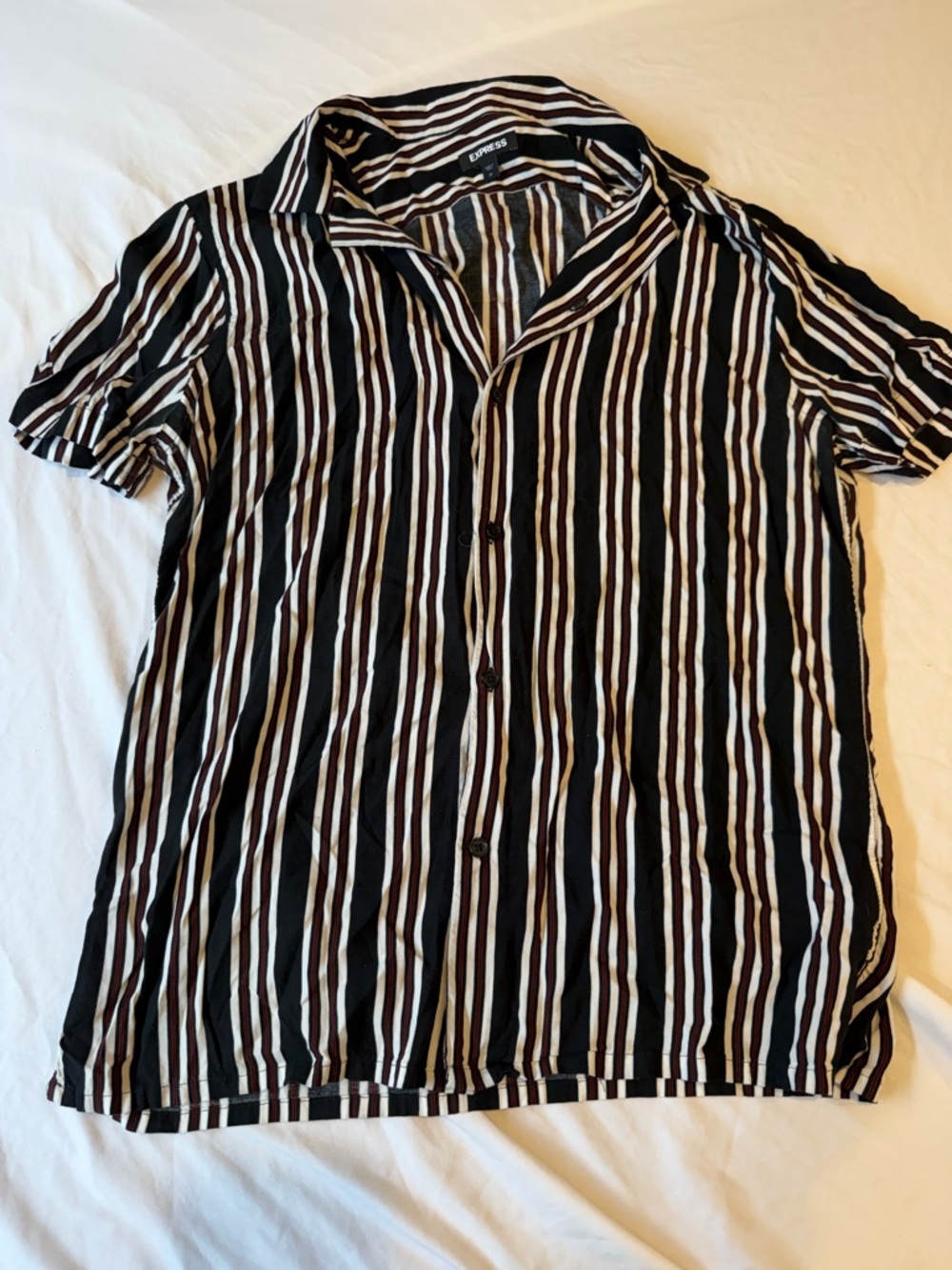 Express Black, White & Brown Striped Short Sleeve Button-Up Shirt